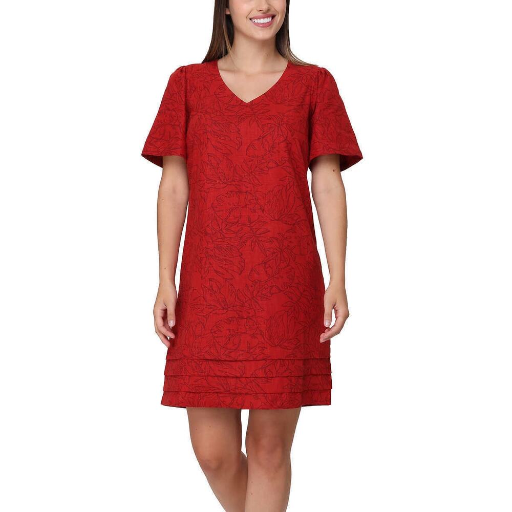 Nicole Miller Linen Blend V-Neck Dress Womens XL Red Print NWT